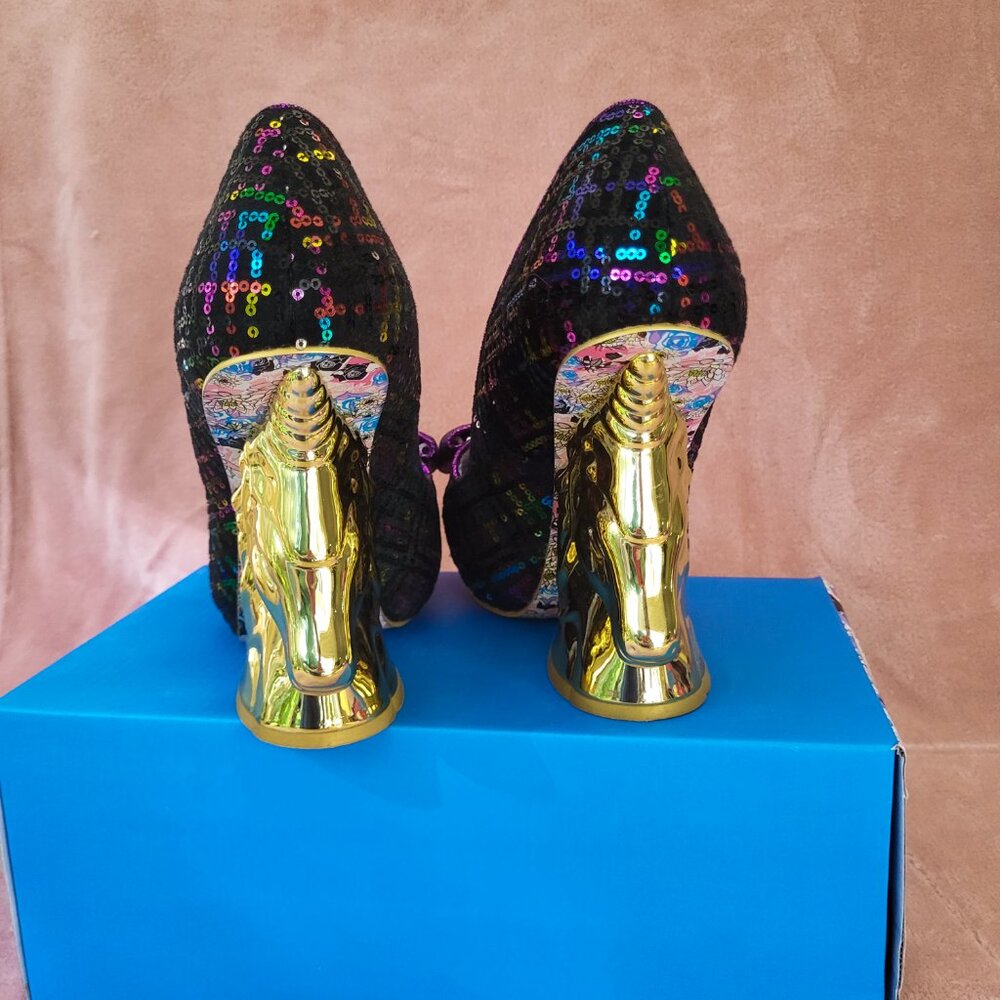 NWOB Irregular Choice Trixy Velvet Sequin Unicorn Heels Gold Size 41 / 10 - Picture 3 of 6